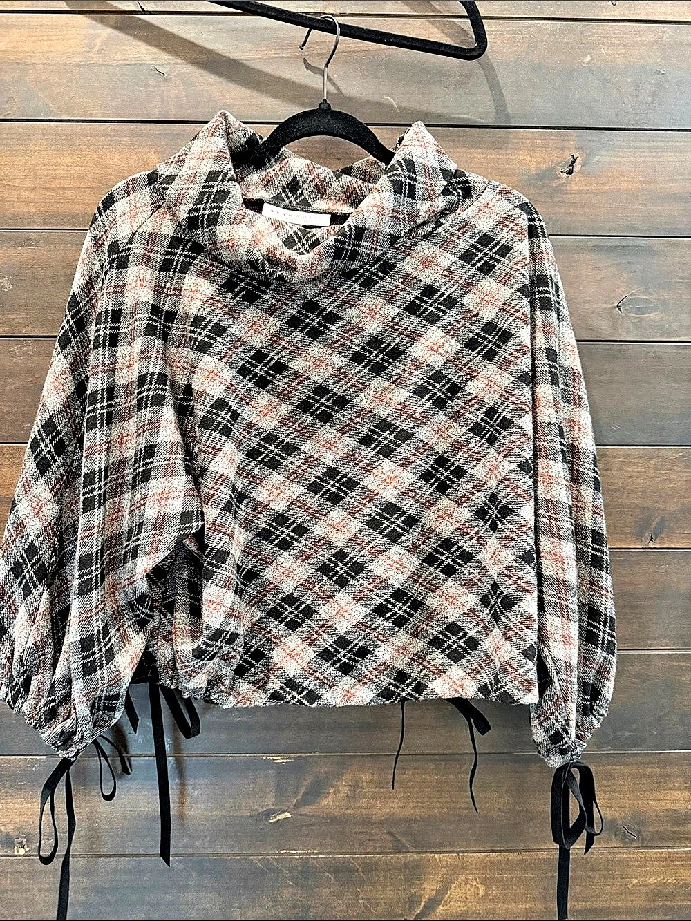bryn walker Plaid Tie-Sleeve Blouse in Black & White